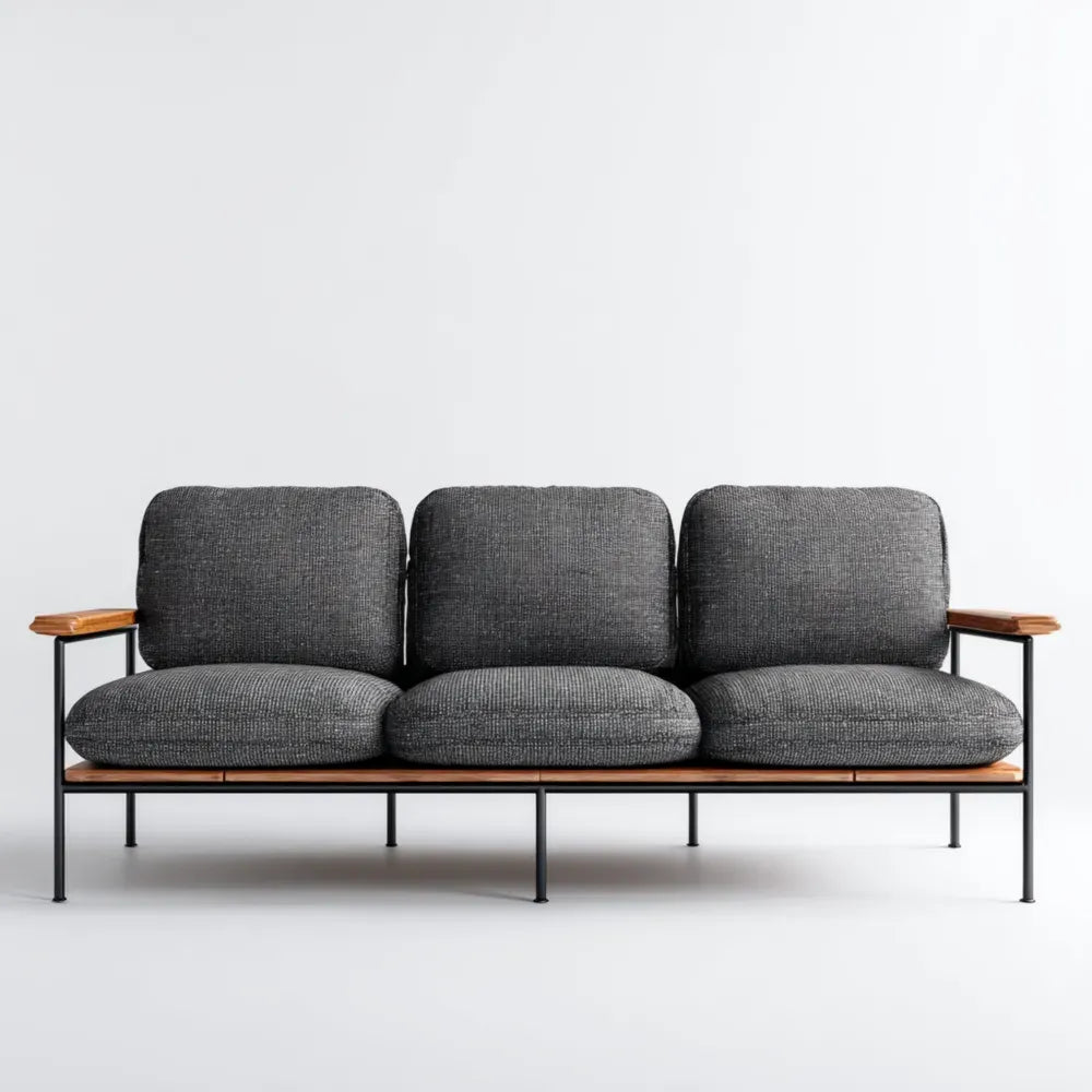3-Seater Sofa 200x85x90 cm Metal Frame Wood Accents - Gray - Modern Style