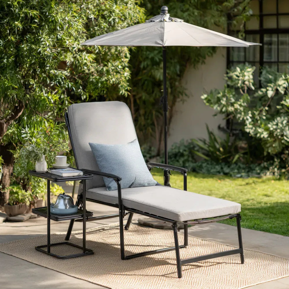 Patio Recliner 53.1x22.8x38.6 inches - Steel Frame - Cushioned Grey - Adjustable Backrest