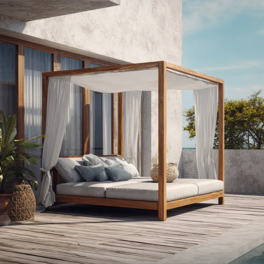 Outdoor Canopy Daybed Teak Wood 200x180x210 cm - White Curtains - Modern Elegance