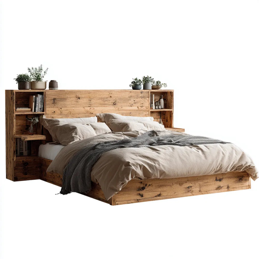 Wooden Double Bed with Storage Shelves – Rustic Finish – 200x180x40 cm
