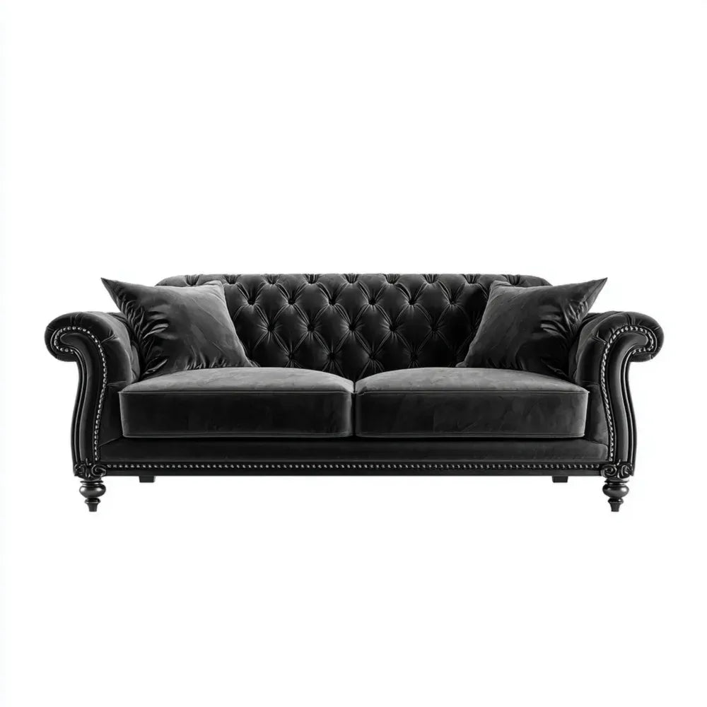 Velvet Upholstered Sofa 220x90x75 cm - Black - Classic Design