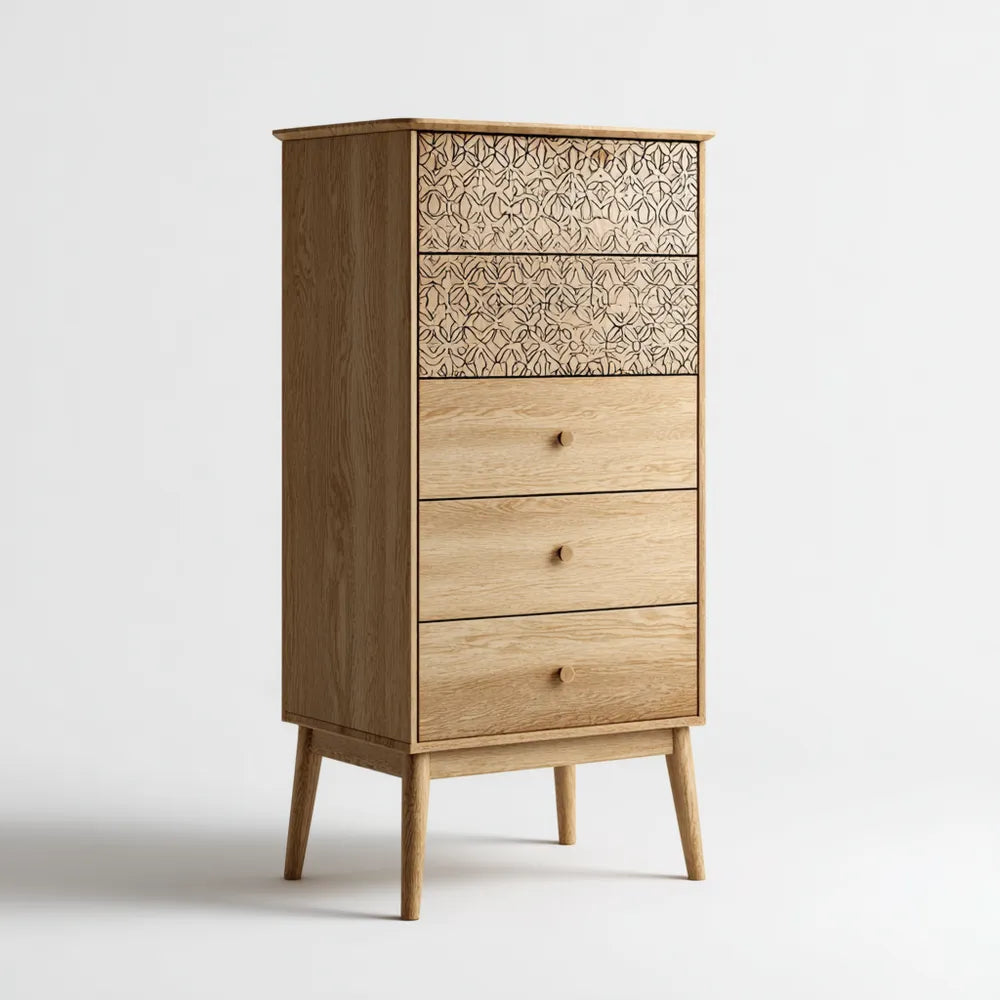 Oak Wood Chest of Drawers 56x35x100 cm – Natural Finish – 5-Drawer Mid-Century Design
