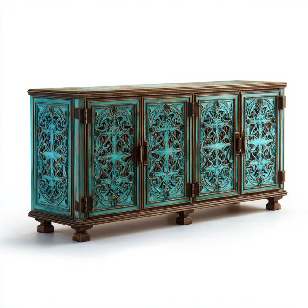 Sideboard Cabinet Wooden Carved Design 180x45x85 cm – Turquoise – Vintage Style