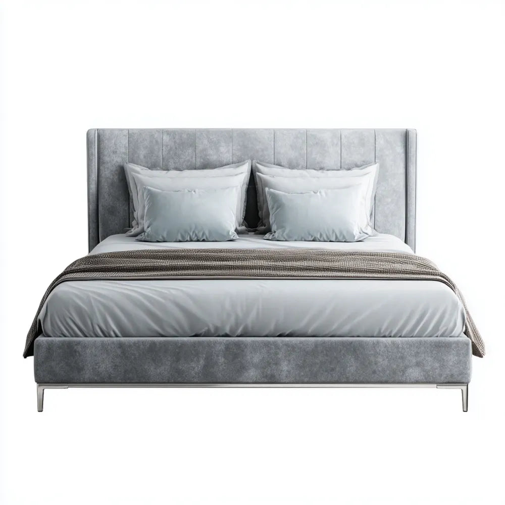 Double Bed Velvet Upholstery 200x160x100 cm - Light Gray - Modern Style