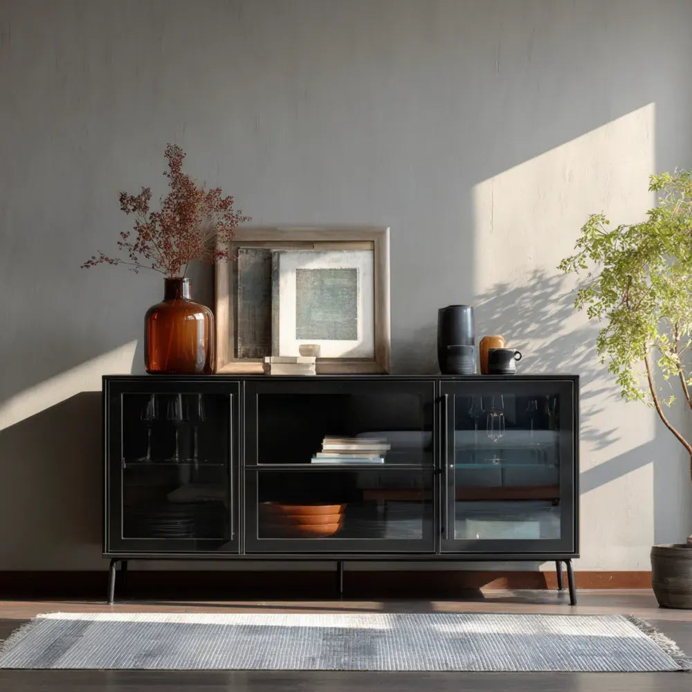 Sideboard 150x40x85 cm - Glass Doors Metal Frame - Black - Modern Industrial Design