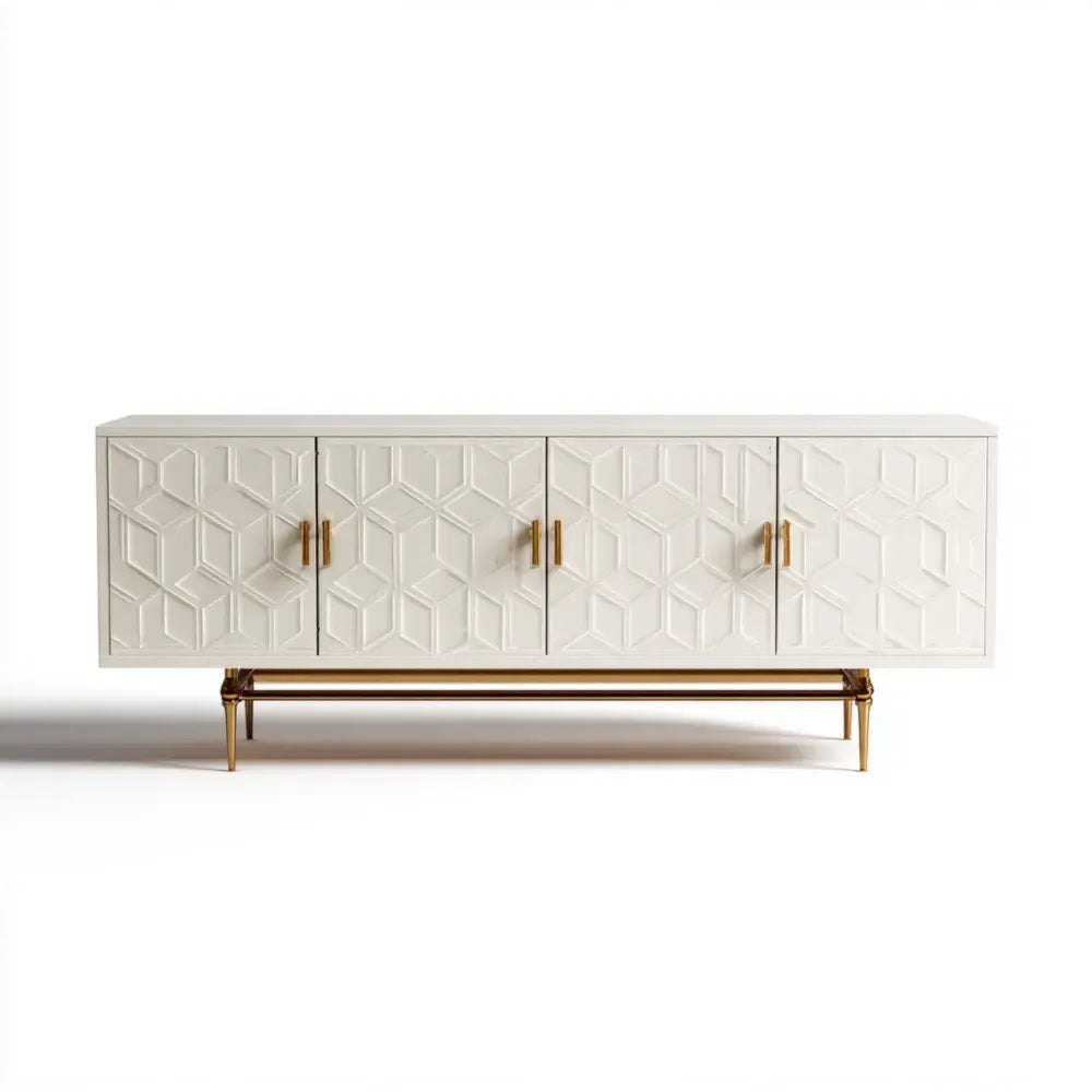 Sideboard Cabinet Wood 180x40x70 cm – White – Geometric Design